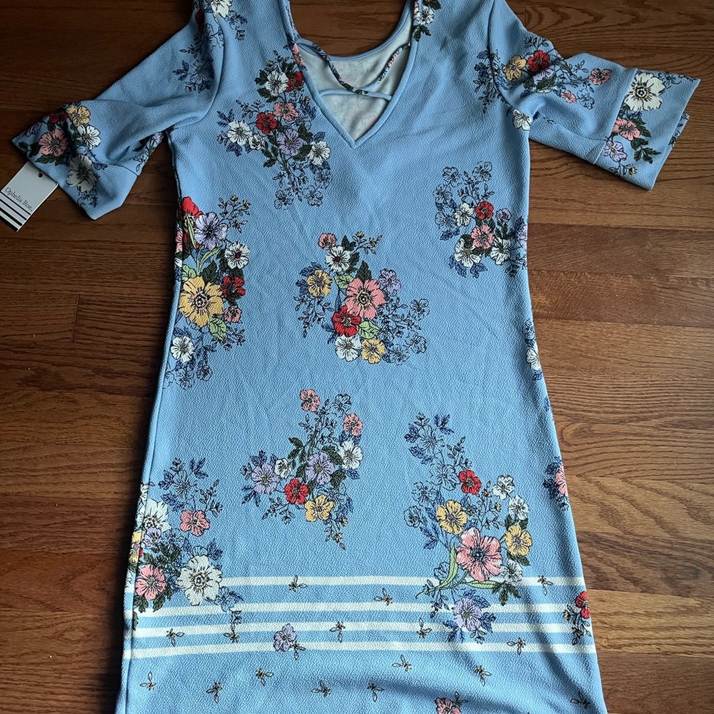 Floral Blue Dress with V-Neck